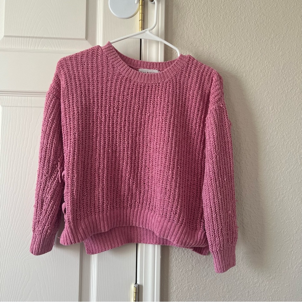 Girls pink knit sweater with tie side detail- large (14)